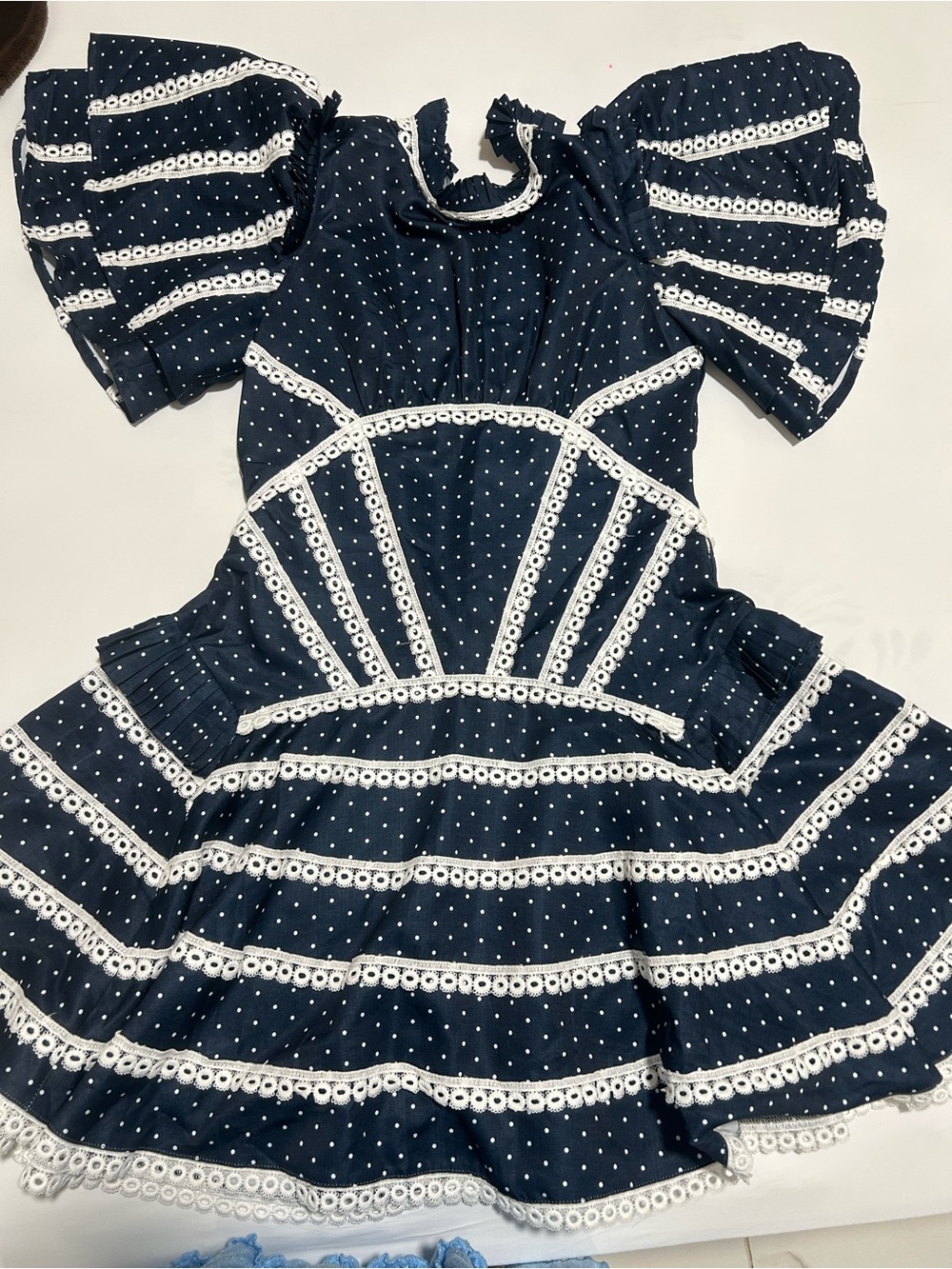 Girls Navy Polka Dot Lace-Trim Casual Dress